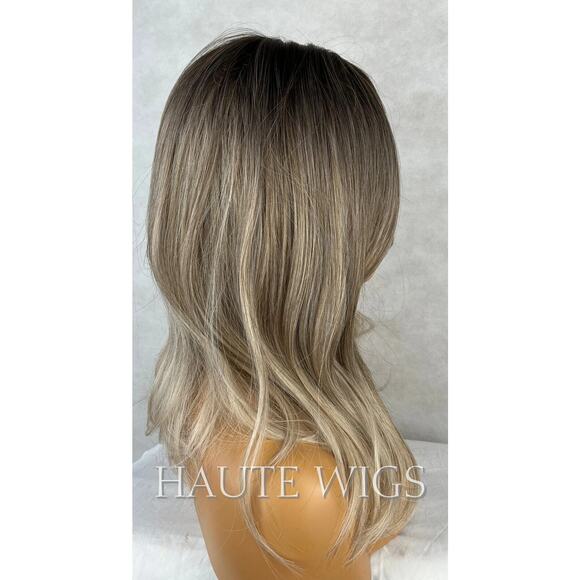 14 Inch Ash Blonde Brown Cool Toned Dirty Ombre Brown Wig With Fringe Bangs Cent - Picture 3 of 5